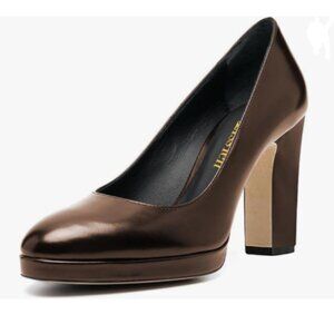 miss left Brown Platform Closed Toe Pumps Classic Slip On Block High Heels Shoes